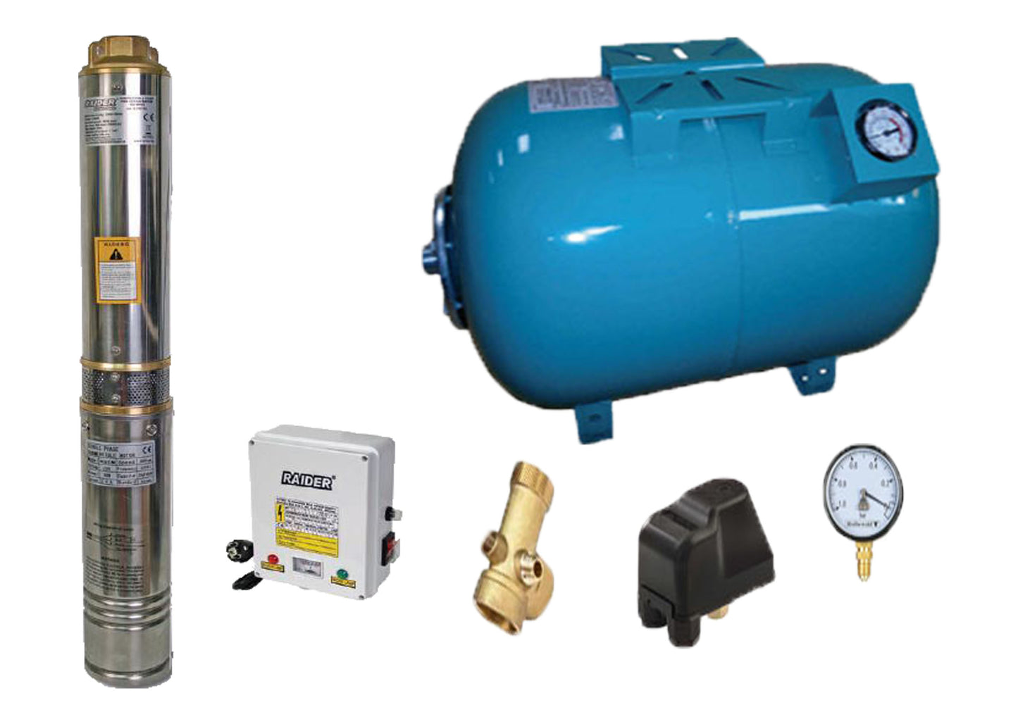 Kit complet sistem hidrofor, pompa de apa submersibila Raider RD-WP31/50, rezervor de 50 litri cu manometru, presostat, racord 5 cai, manometru, 070138/50M
