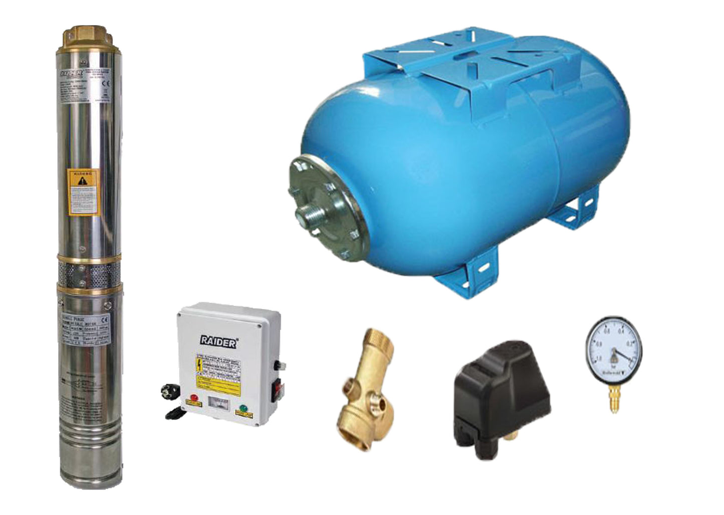 Kit complet sistem hidrofor, pompa de apa submersibila Raider RD-WP31/50, rezervor de 50 litri, presostat, racord 5 cai, manometru, 070138/50