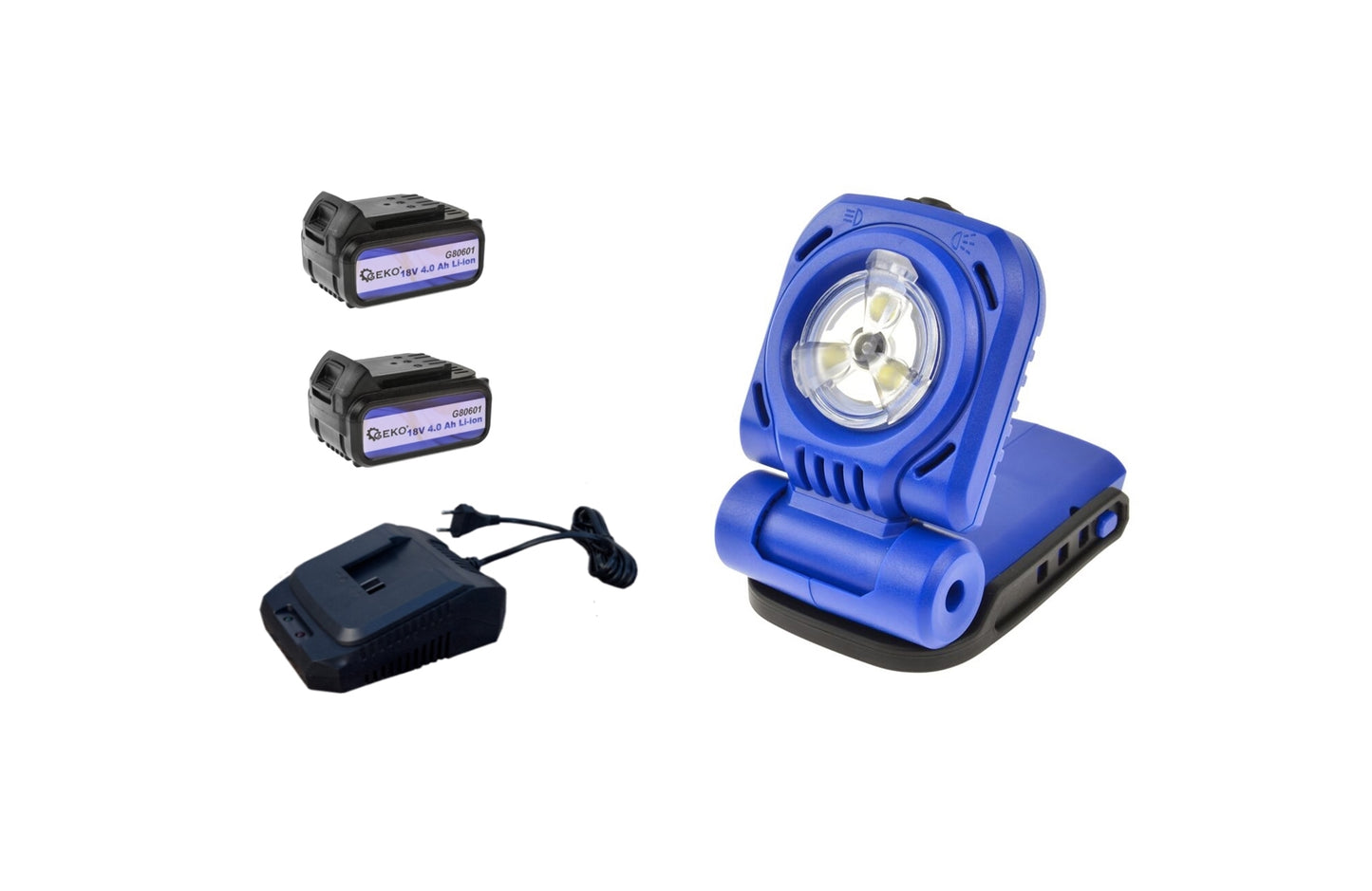 Lanterna cu acumulator Geko + 2 acumulatori Li-ion 18V 4.0 Ah + incarcator