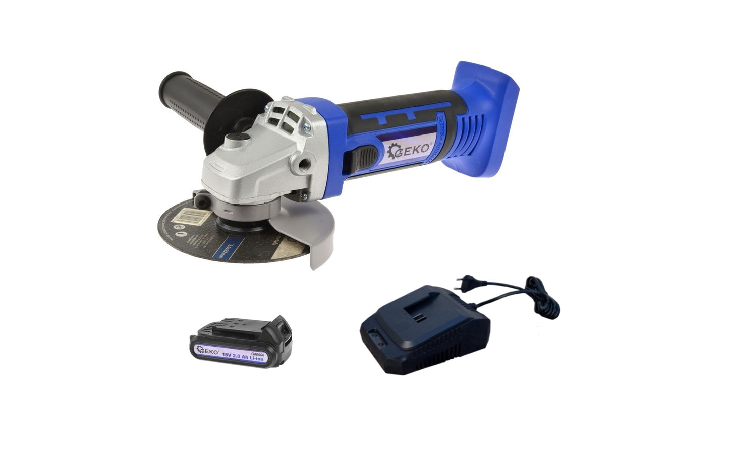 Polizor unghiular, 115mm, Geko + acumulator 18V Li-ion 2.0 Ah + incarcator