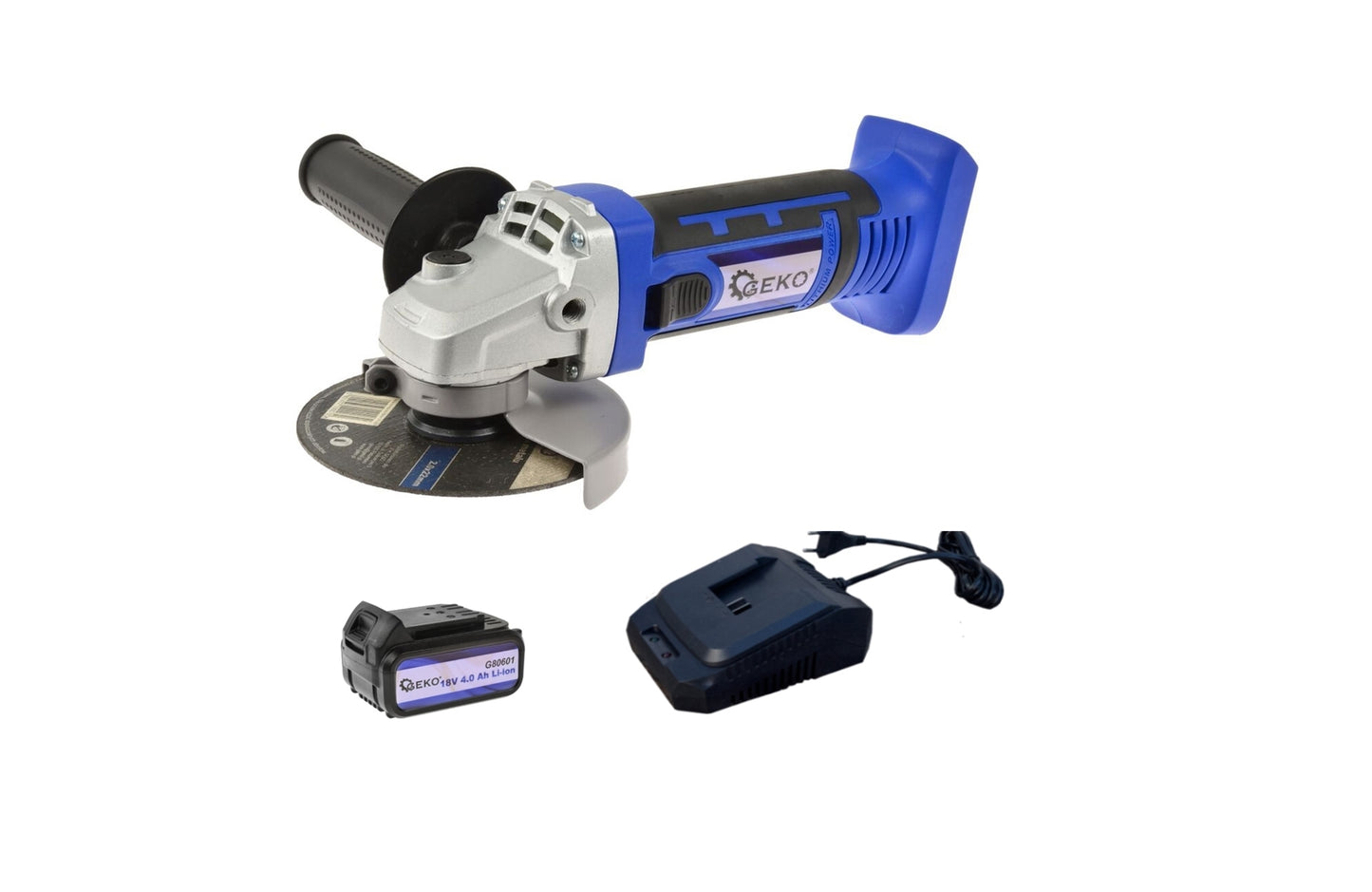 Polizor unghiular, 115mm, Geko + acumulator 18V Li-ion 4.0 Ah + incarcator