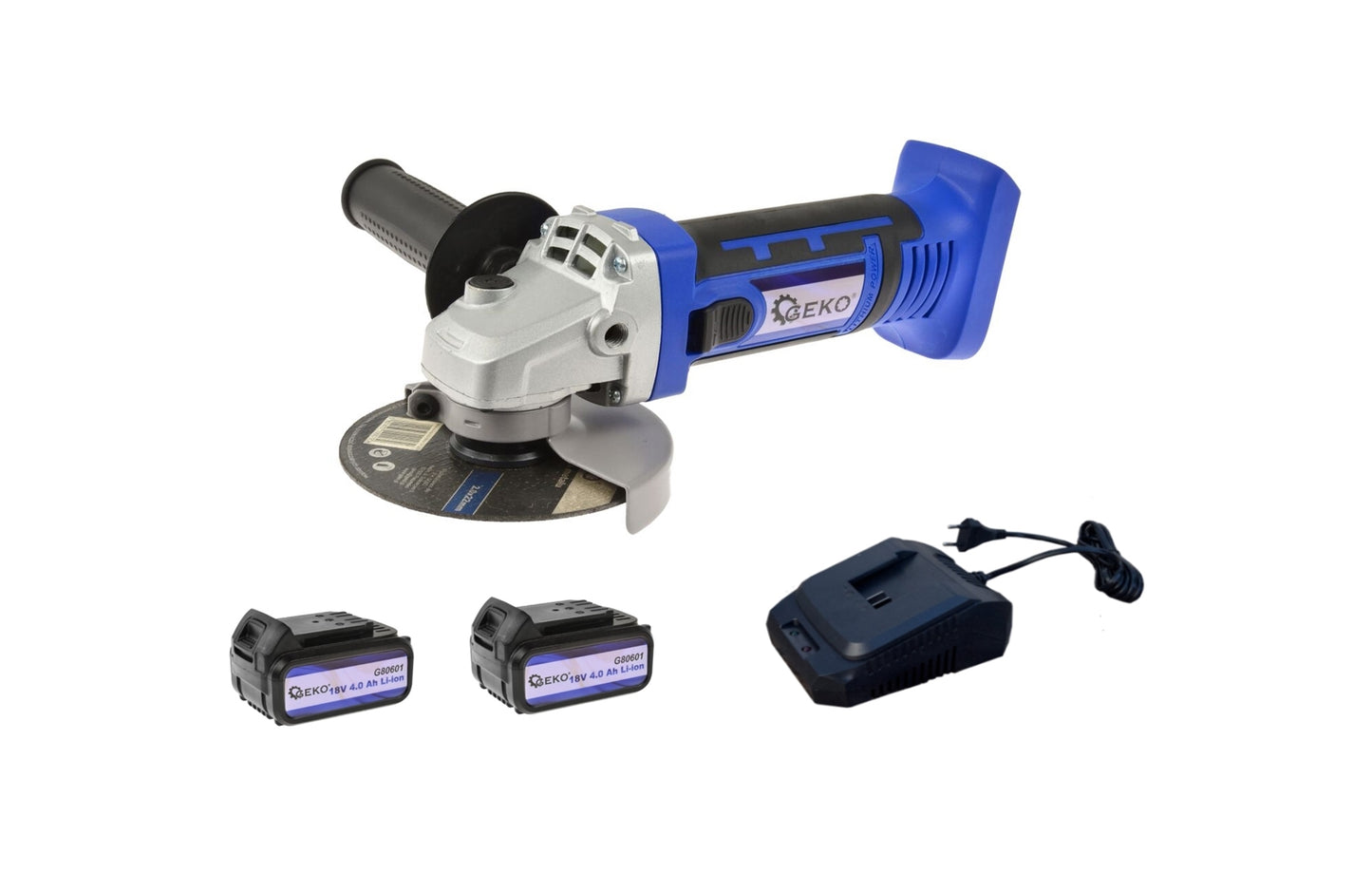 Polizor unghiular, 115mm, Geko + 2 acumulatori 18V Li-ion 4.0 Ah + incarcator