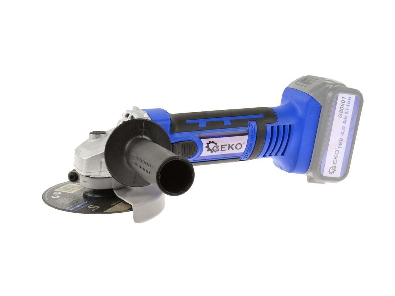 Polizor unghiular, 115mm, Geko + 2 acumulatori 18V Li-ion 4.0 Ah + incarcator