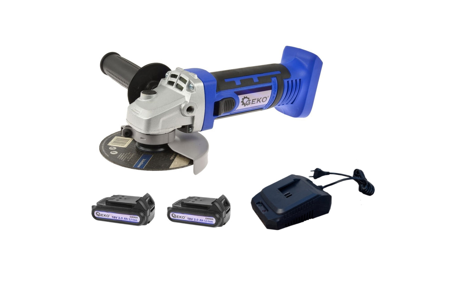 Polizor unghiular, 115mm, Geko + 2 acumulatori 18V Li-ion 2.0 Ah + incarcator