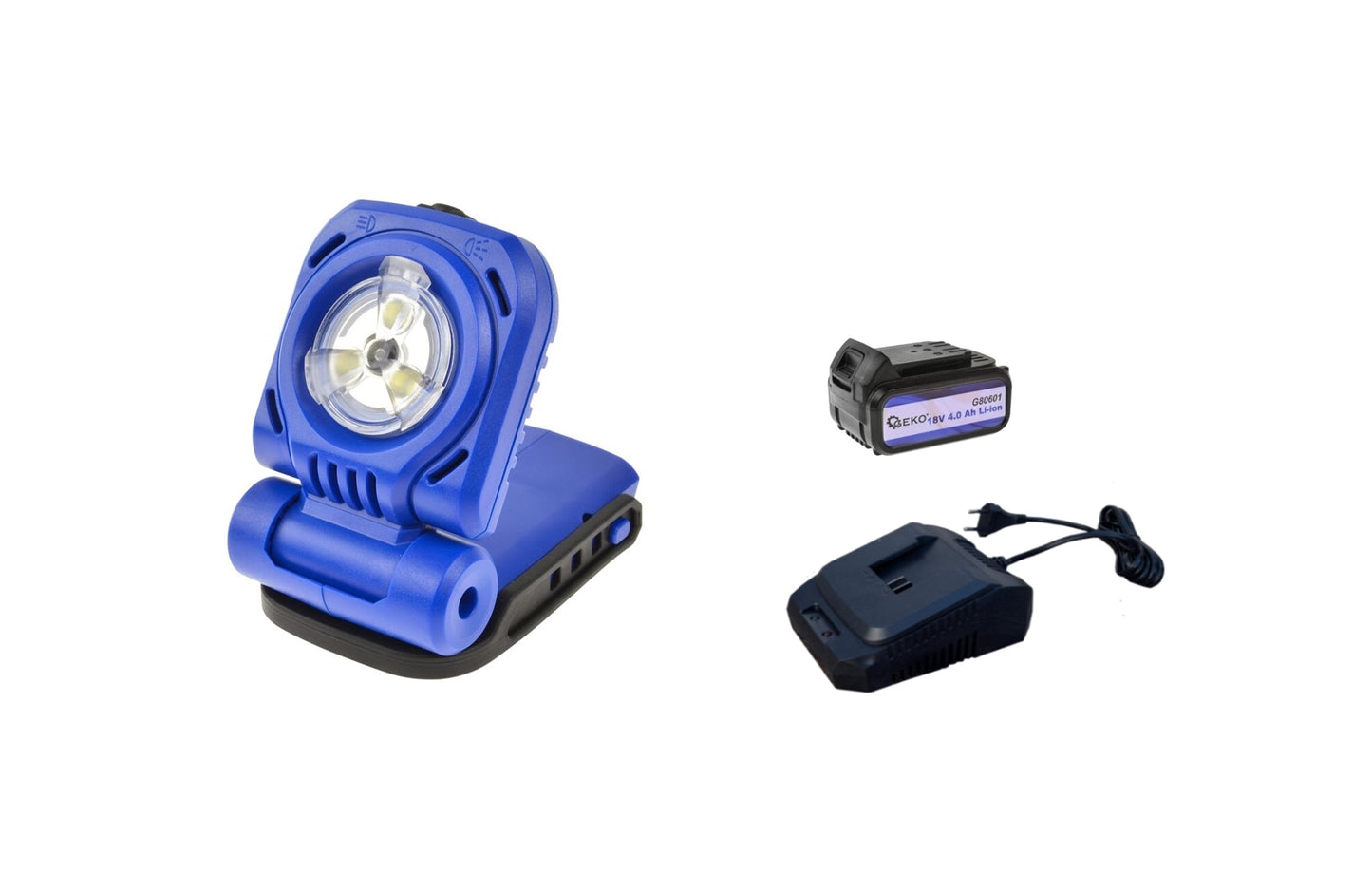 Lanterna cu acumulator Geko + acumulator Li-ion 18V 4.0 Ah + incarcator