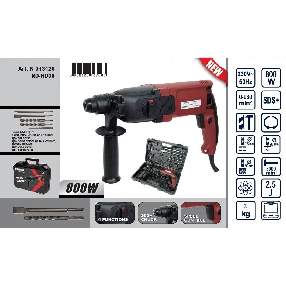 Ciocan rotopercutor SDS+ 800W 26mm + accesorii RD-HD38, Raider 013126