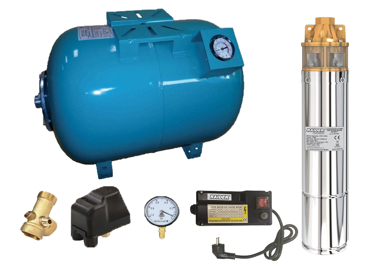 Kit complet sistem hidrofor, pompa submersibila Raider WP41/50, rezervor de 50 litri cu manometru, presostat, racord 5 cai, manometru, 070148/50M