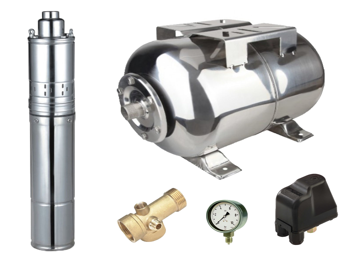 Kit complet sistem hidrofor, pompa submersibila cu surub Maxima 4QGD 0.75/24, rezervor de 24 litri din inox, presostat, racord 5 cai, manometru, 03034015/24I