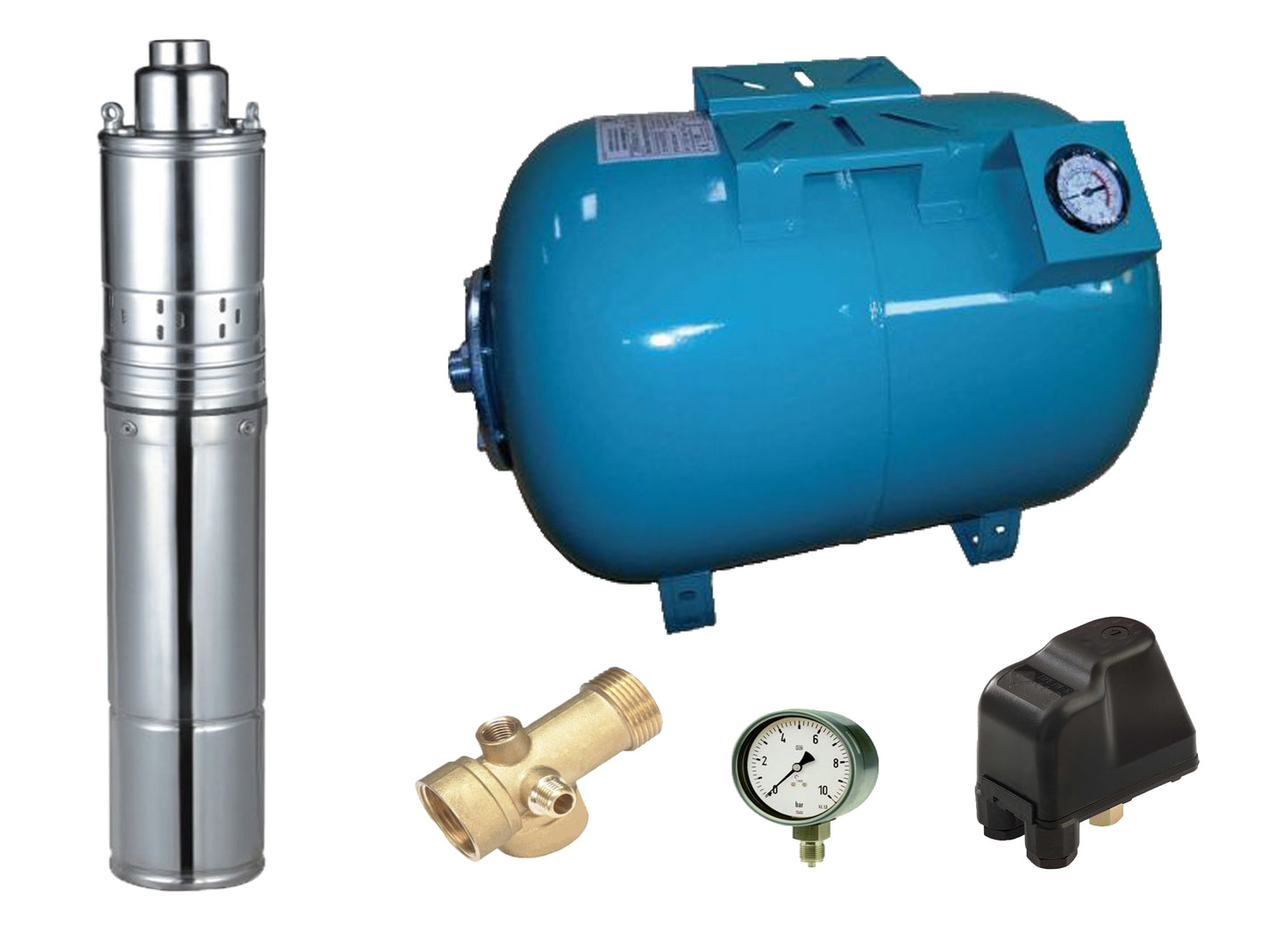 Kit complet sistem hidrofor, pompa submersibila cu surub APC 4QGD 0.37/100, rezervor de 100 litri cu manometru, presostat, racord 5 cai, manometru, 03031003/100M