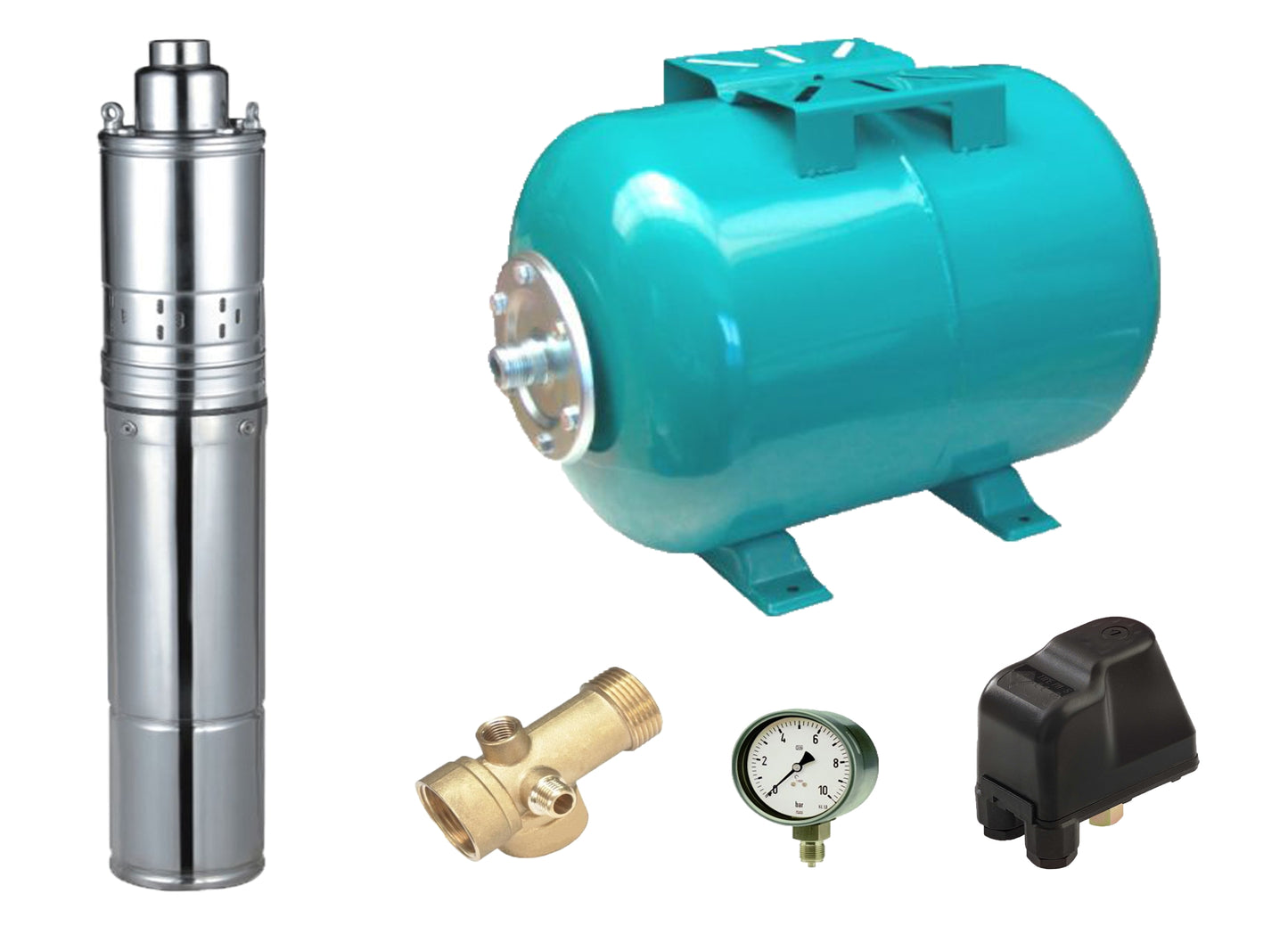 Kit complet sistem hidrofor, pompa submersibila cu surub APC 4QGD 0.75/50, rezervor de 50 litri, presostat, racord 5 cai, manometru, 03031012/50