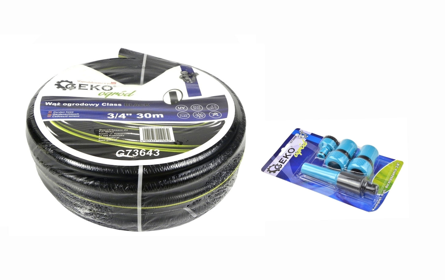 Kit irigare de gradina, furtun CLASS BLACK 3/4" 30m + accesorii, 4 piese, 3/4", Geko Blue Line