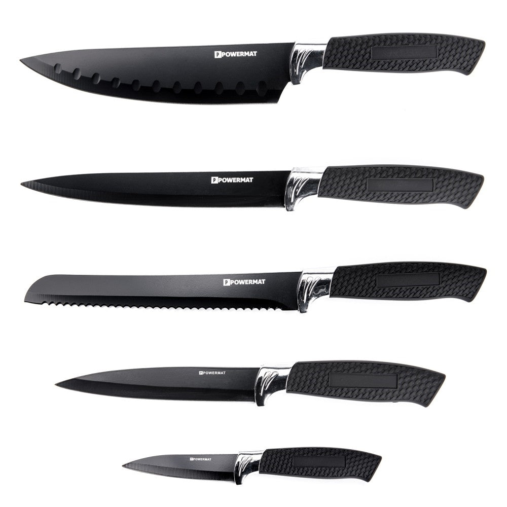 Set 5 cutite de bucatarie+suport, Powermat PM-ZNK-5-C