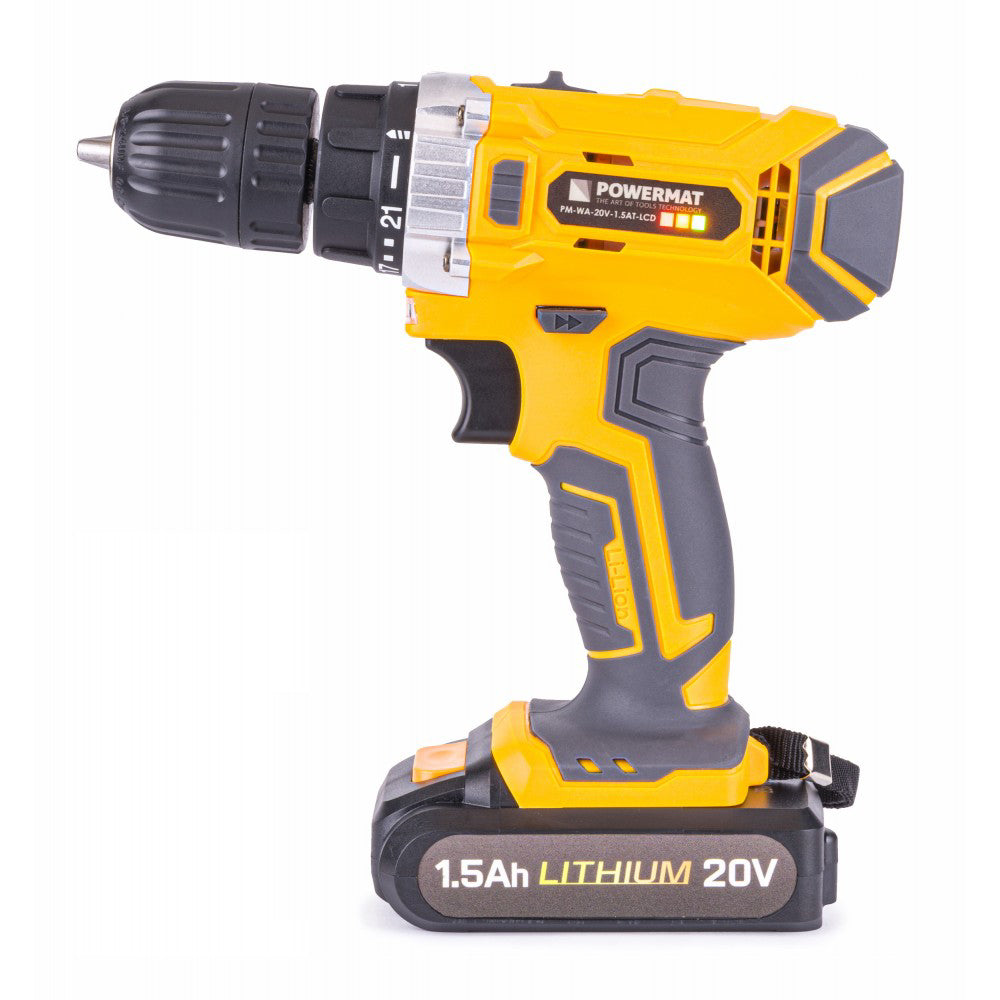 Bormasina cu acumulator 20V 1100rpm, Powermat PM-WA-20V-1.5AT-LCD