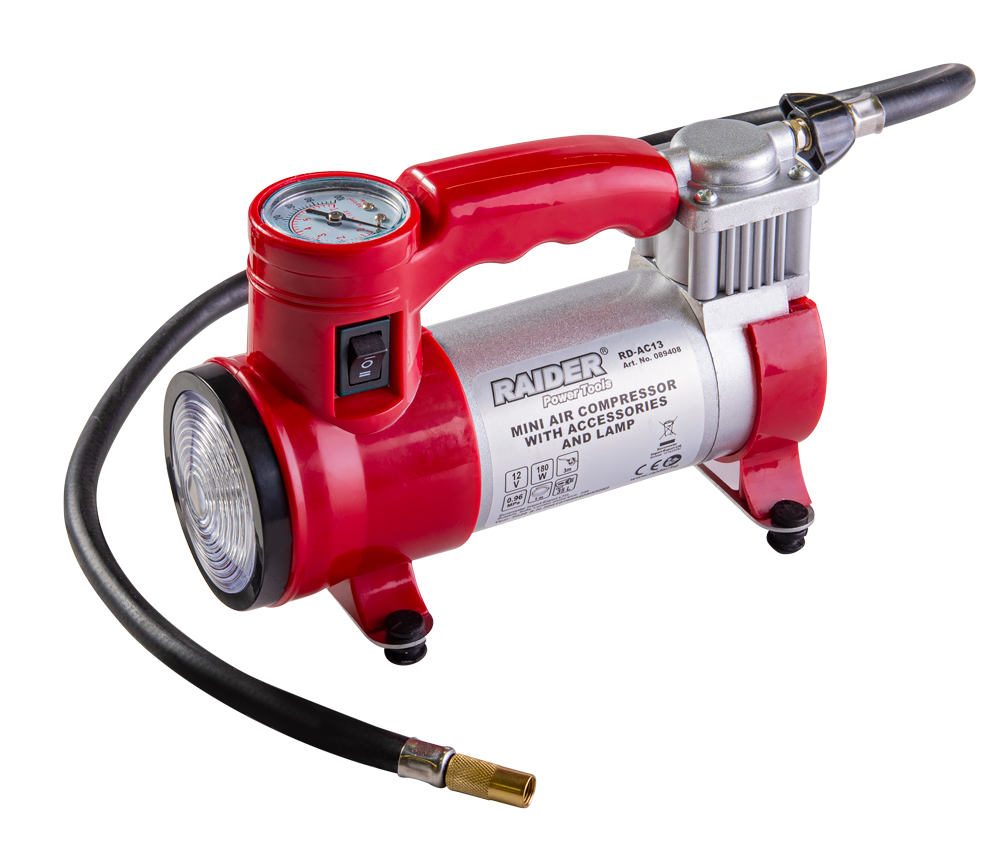 Compresor 12V 180W 35L/min + accesorii si lampa de lucru RD-AC13, Raider 089408