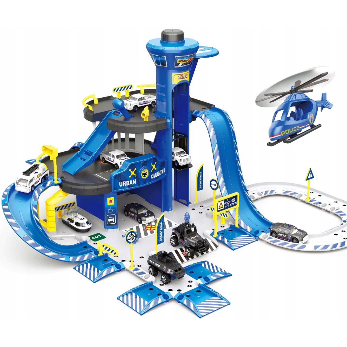 Garaj de politie cu 3 nivele + masini si elicopter, Malplay 107132