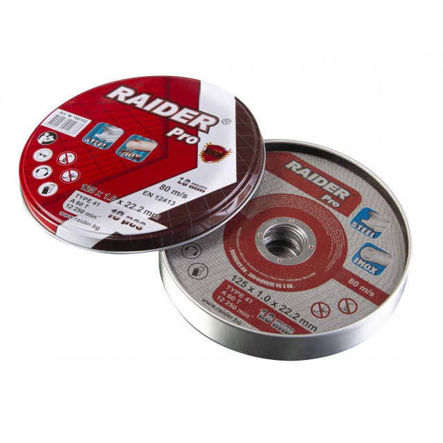Set 10 buc discuri pentru taiat metal, 125х1.0х22.2mm, A60T, INOX, Raider, 160152