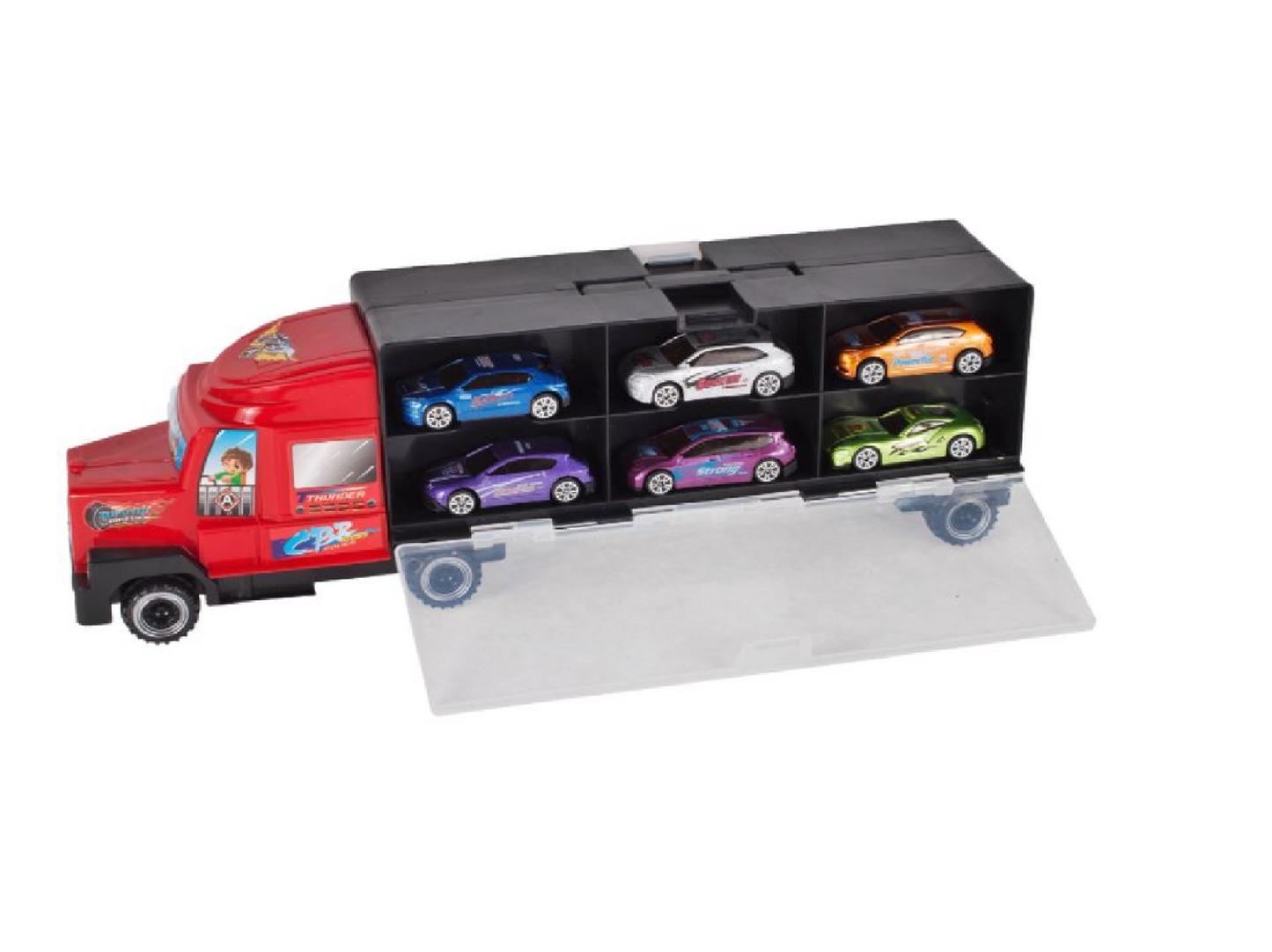 Set de masinute, transport car, cutie in forma de camion, 6 masinute incluse, MalPlay 106584