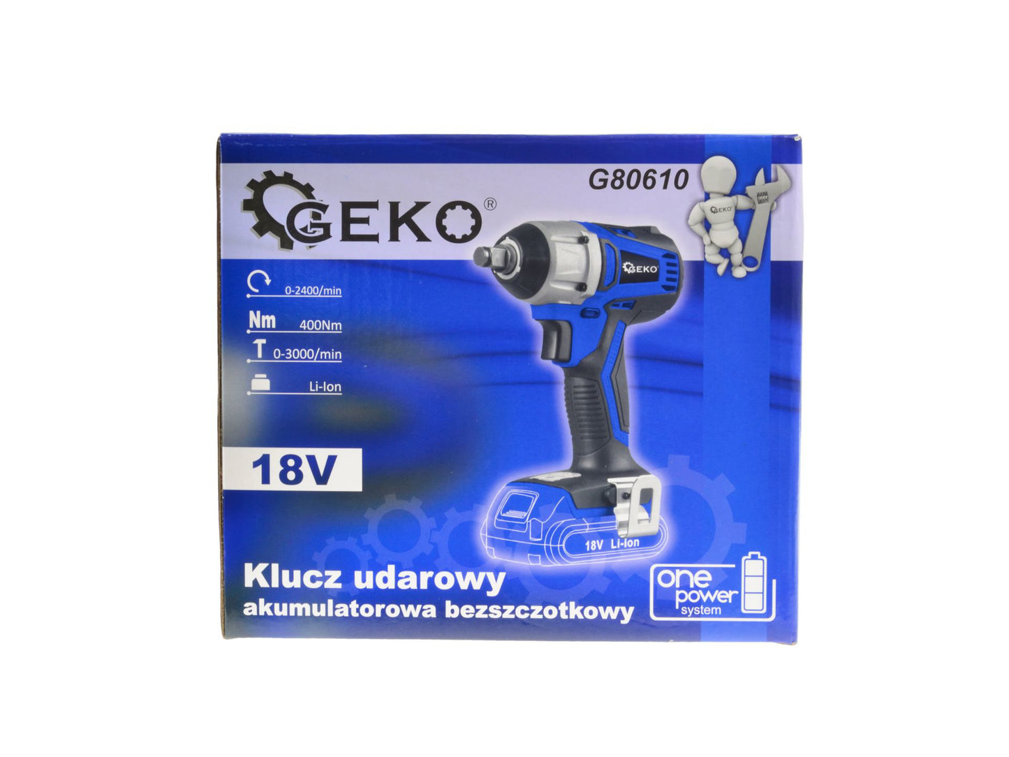 Set pistol de impact, 400 Nm, 1/2", acumulator 2Ah, incarcator 18 V, Geko G80610-2