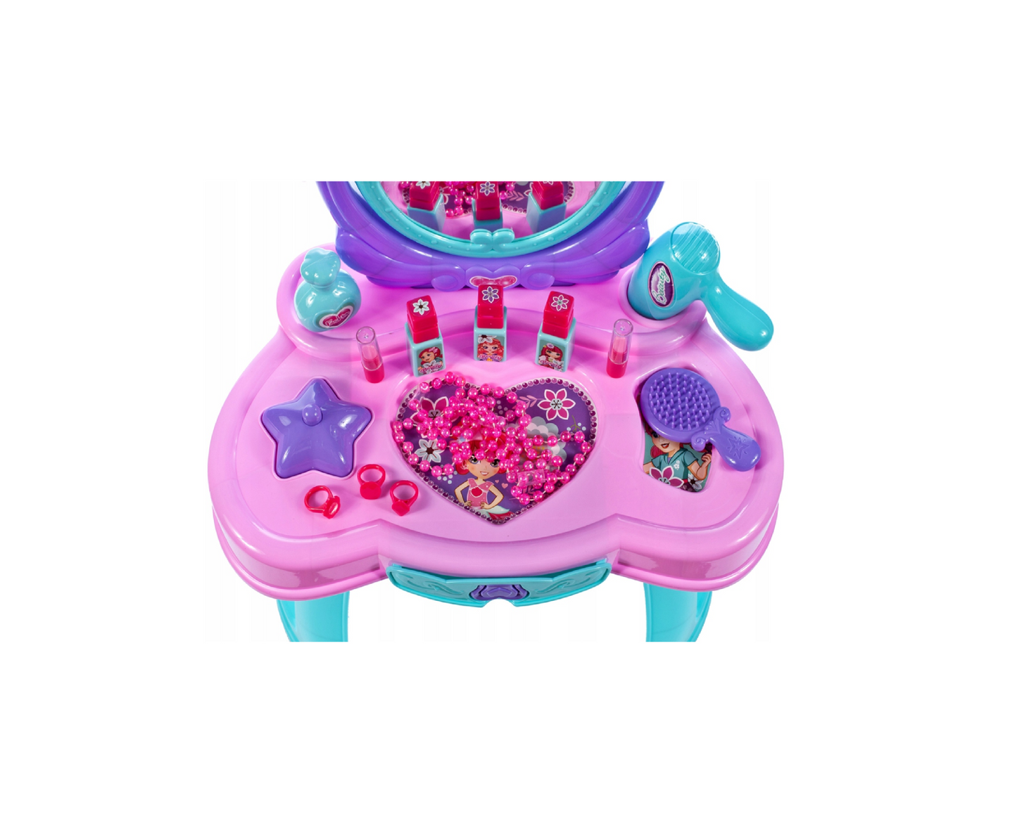 Set masa de toaleta cu accesorii, oglinda, margele, uscator, rujuri, lacuri de unghii, MalPlay 107188