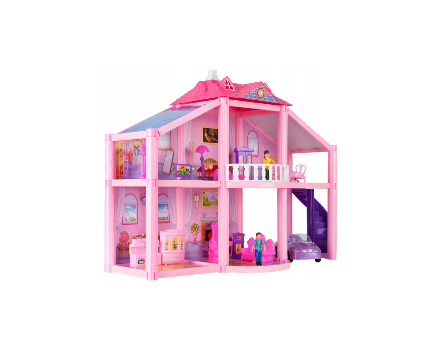 Set casuta de papusi cu accesorii, 59.5 x 42 x 22 cm, masina, mobilier, figurine, 122 piese, MalPlay 108443