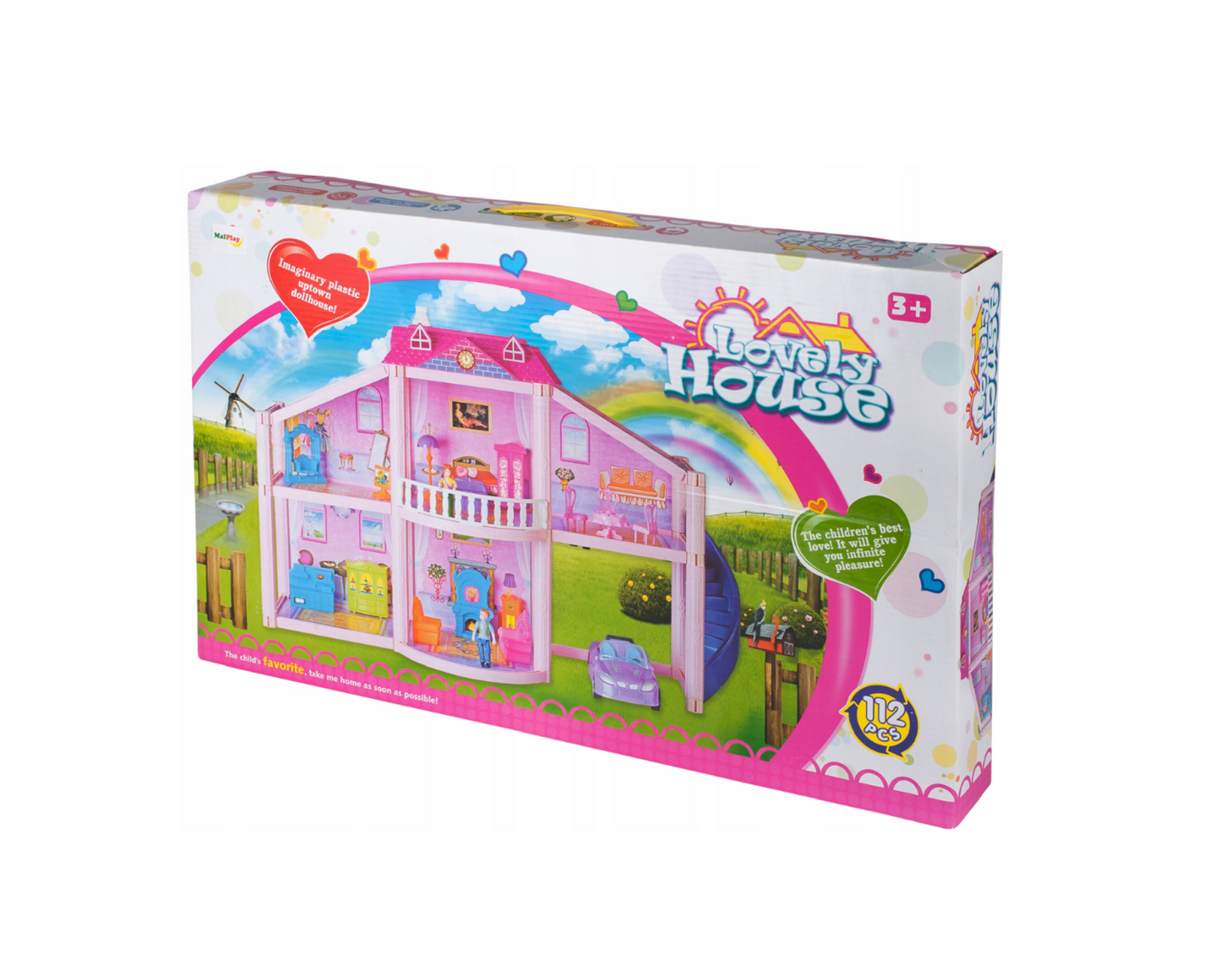 Set casuta de papusi cu accesorii, 59.5 x 42 x 22 cm, masina, mobilier, figurine, 122 piese, MalPlay 108443