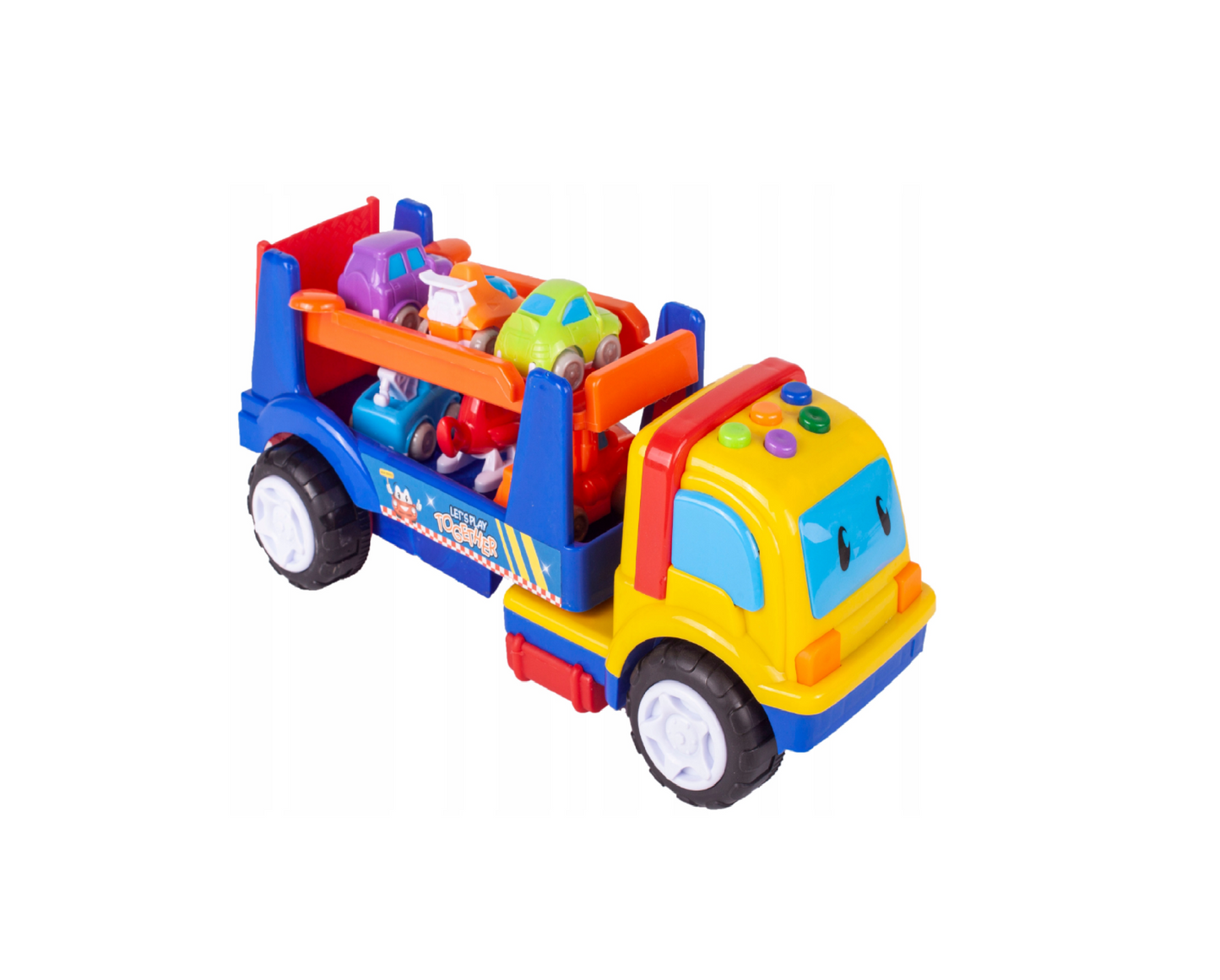 Set autocamion interactiv cu sunete, masinute, elicopter, 8 elemente, 32 x 40 cm, MalPlay 107910