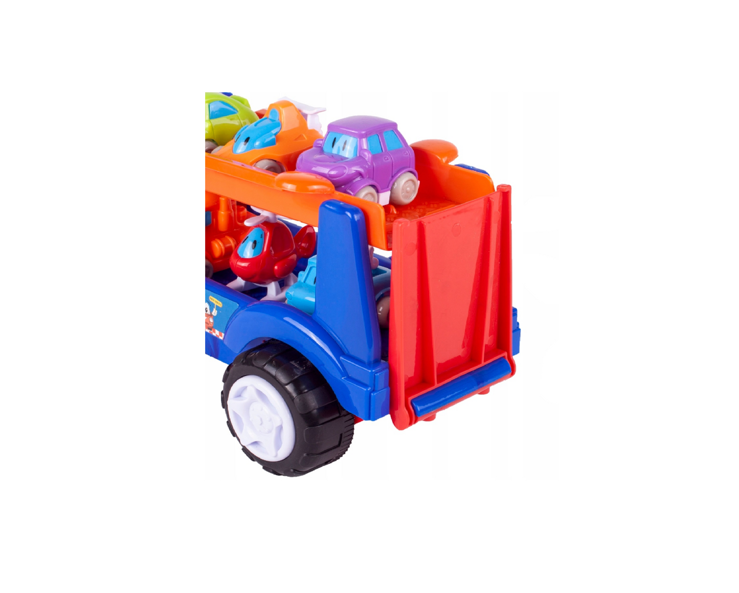 Set autocamion interactiv cu sunete, masinute, elicopter, 8 elemente, 32 x 40 cm, MalPlay 107910