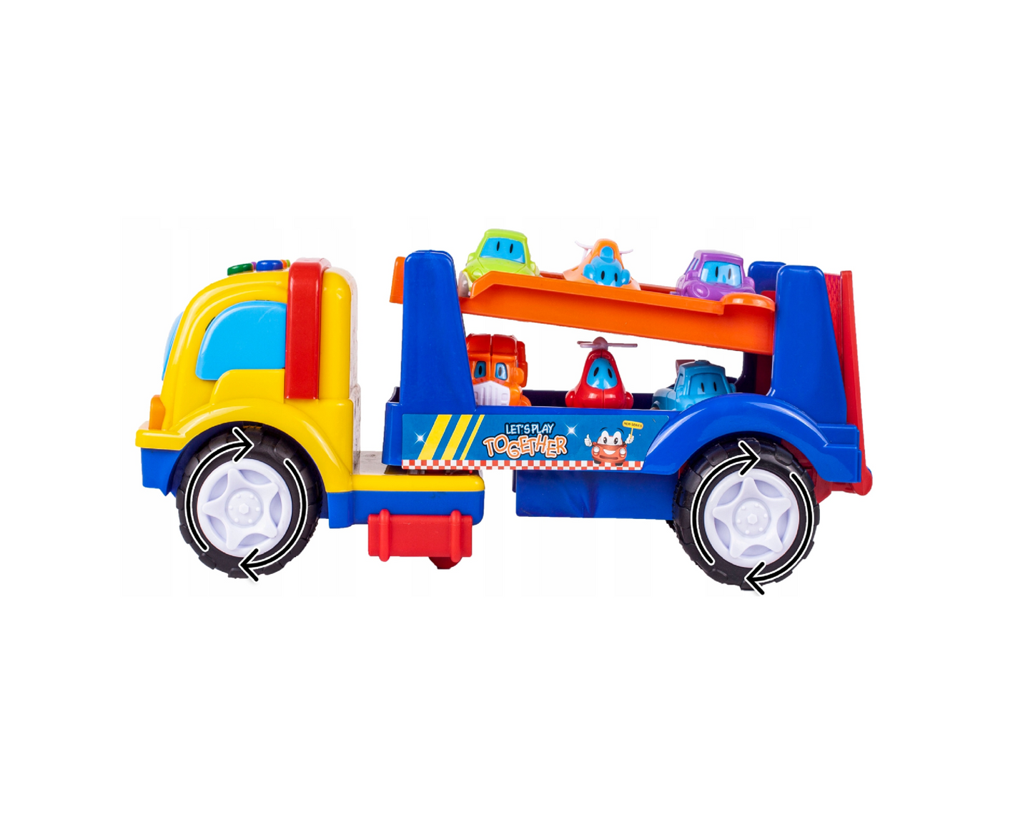 Set autocamion interactiv cu sunete, masinute, elicopter, 8 elemente, 32 x 40 cm, MalPlay 107910