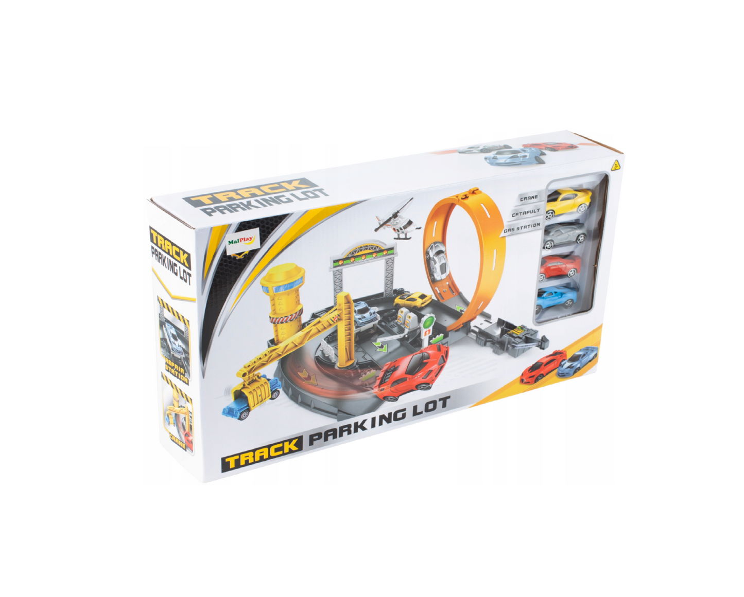 Set pista de curse cu 4 masinute, 45 x 30 x 23 cm, MalPlay 108445