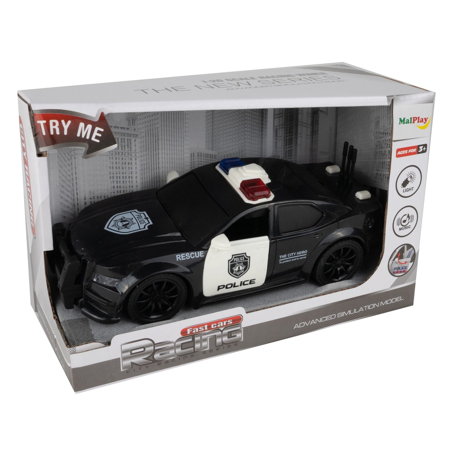 Masina de politie cu sunete si lumini, 20 x 8 x 6,5 cm, 1:20, MalPlay 109738