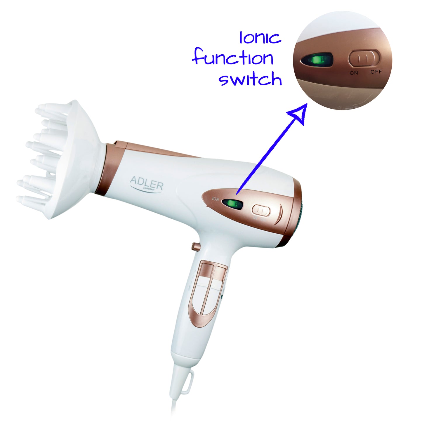Uscator de par multifunctional, 2400 W, concentrator, functie ionizare, 3 trepte temperatura, 2 viteze, Adler AD2248B
