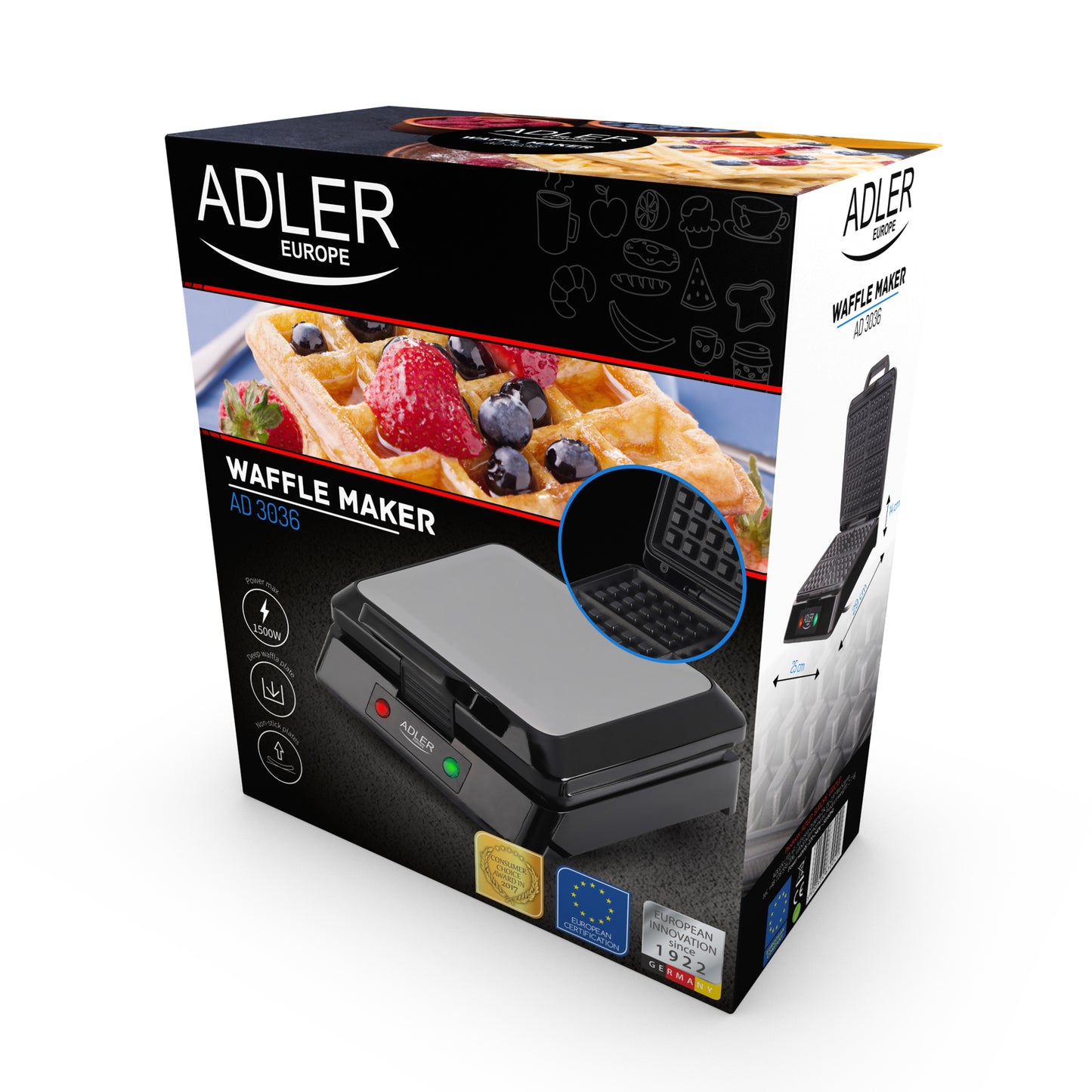 Aparat de facut vafe, 1300 W, argintiu, Adler AD3036