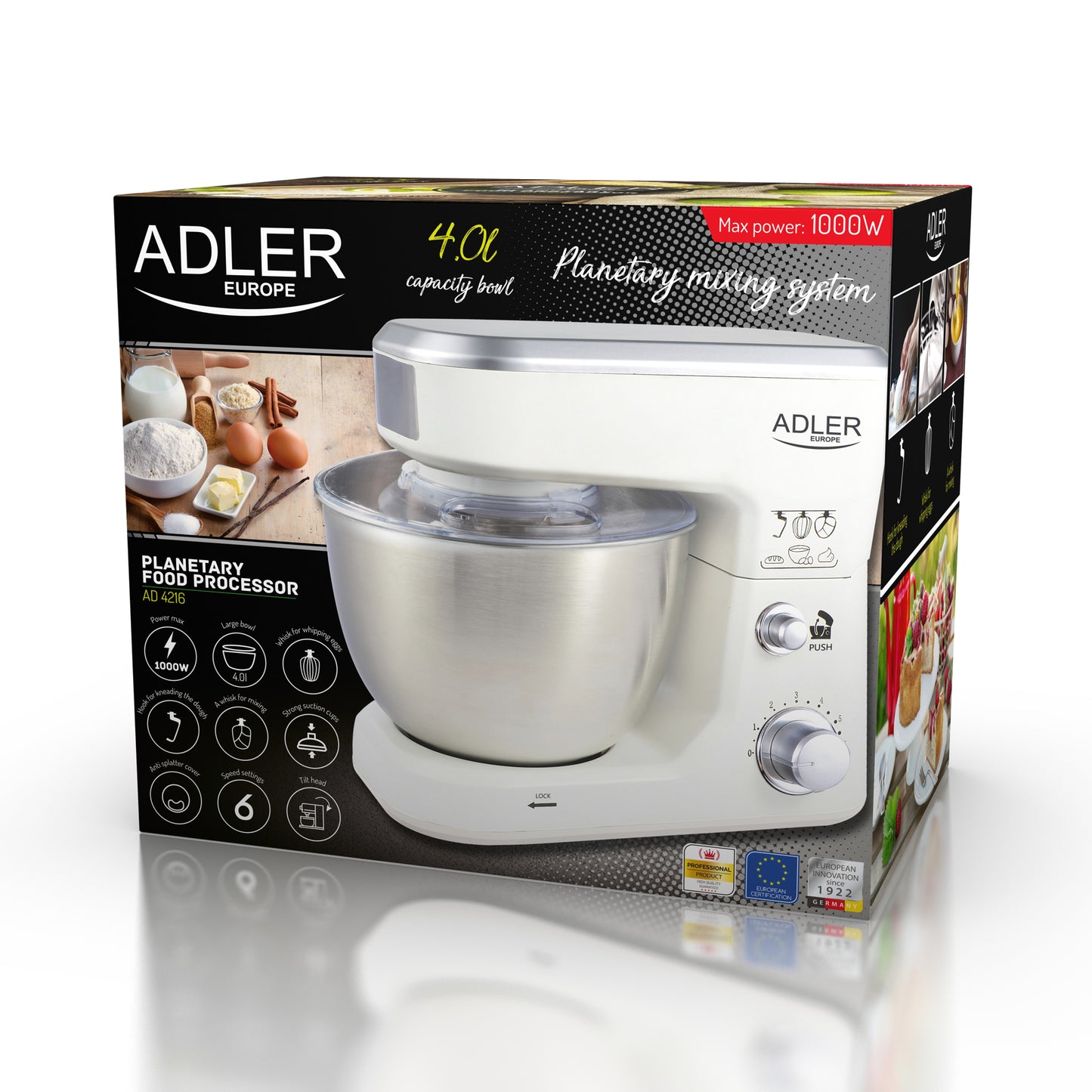 Mixer planetar, 1000 W, 6 viteze, capacitate bol 4 l, Adler AD4216
