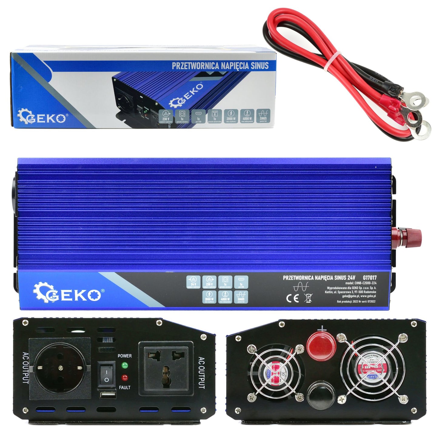 Convertor de tensiune, 24 V - 230 V, 2000 W - 4000 W, Geko G17017