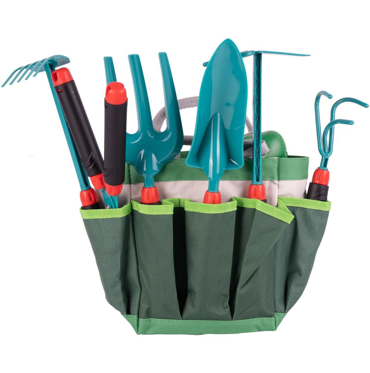 Set de gradina cu 9 accesorii gradinarit, foarfeca, sapa, grebla, manusi, cultivator, geanta pentru depozitare, 9 elemente, MalPlay 109837