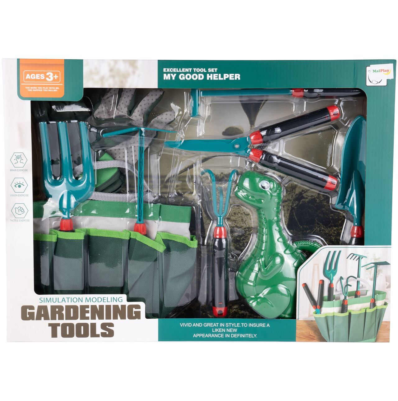 Set de gradina cu 9 accesorii gradinarit, foarfeca, sapa, grebla, manusi, cultivator, geanta pentru depozitare, 9 elemente, MalPlay 109837