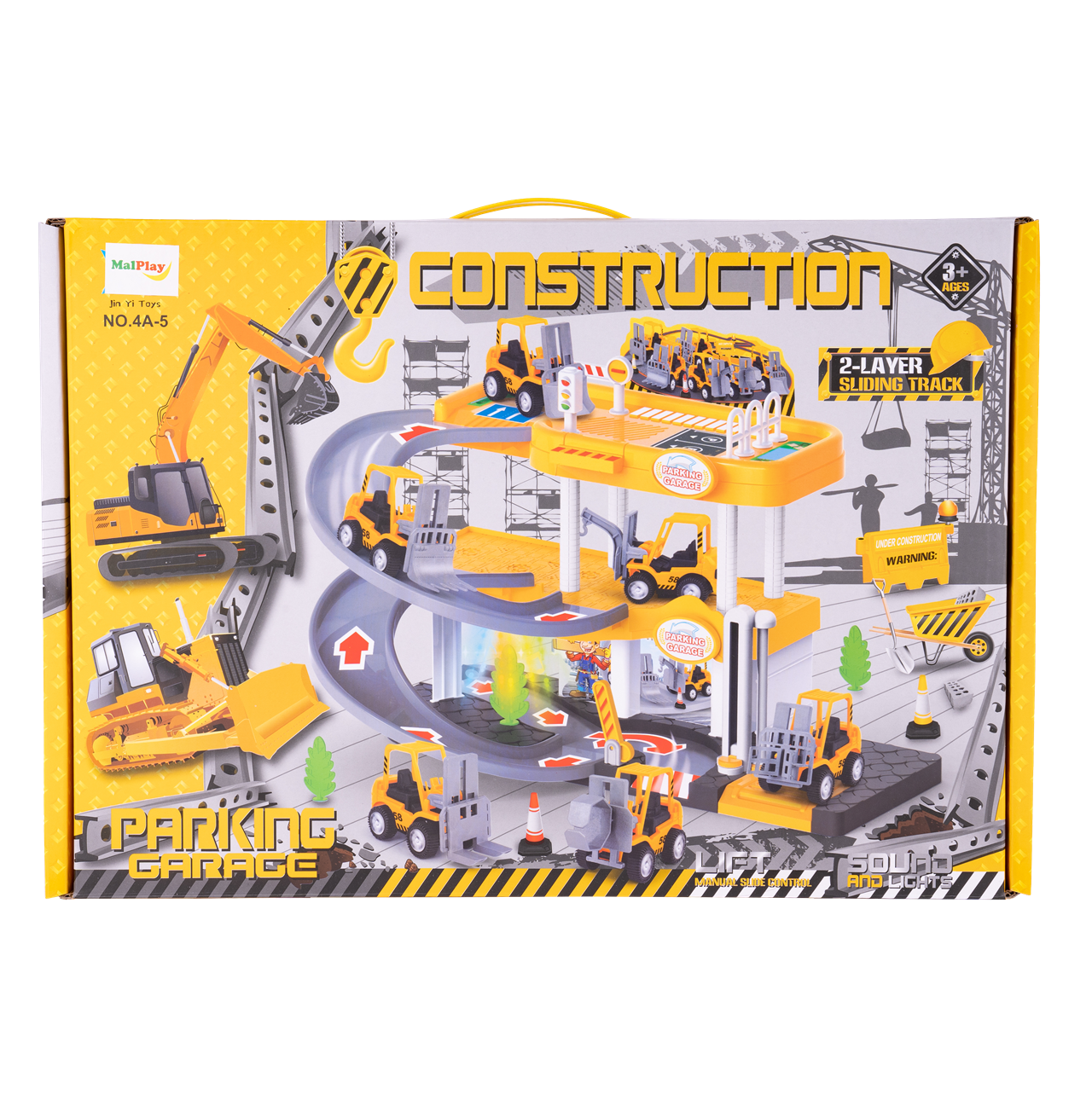 Set parcare multietajata cu 3 vehicule de constructie, MalPlay 110112