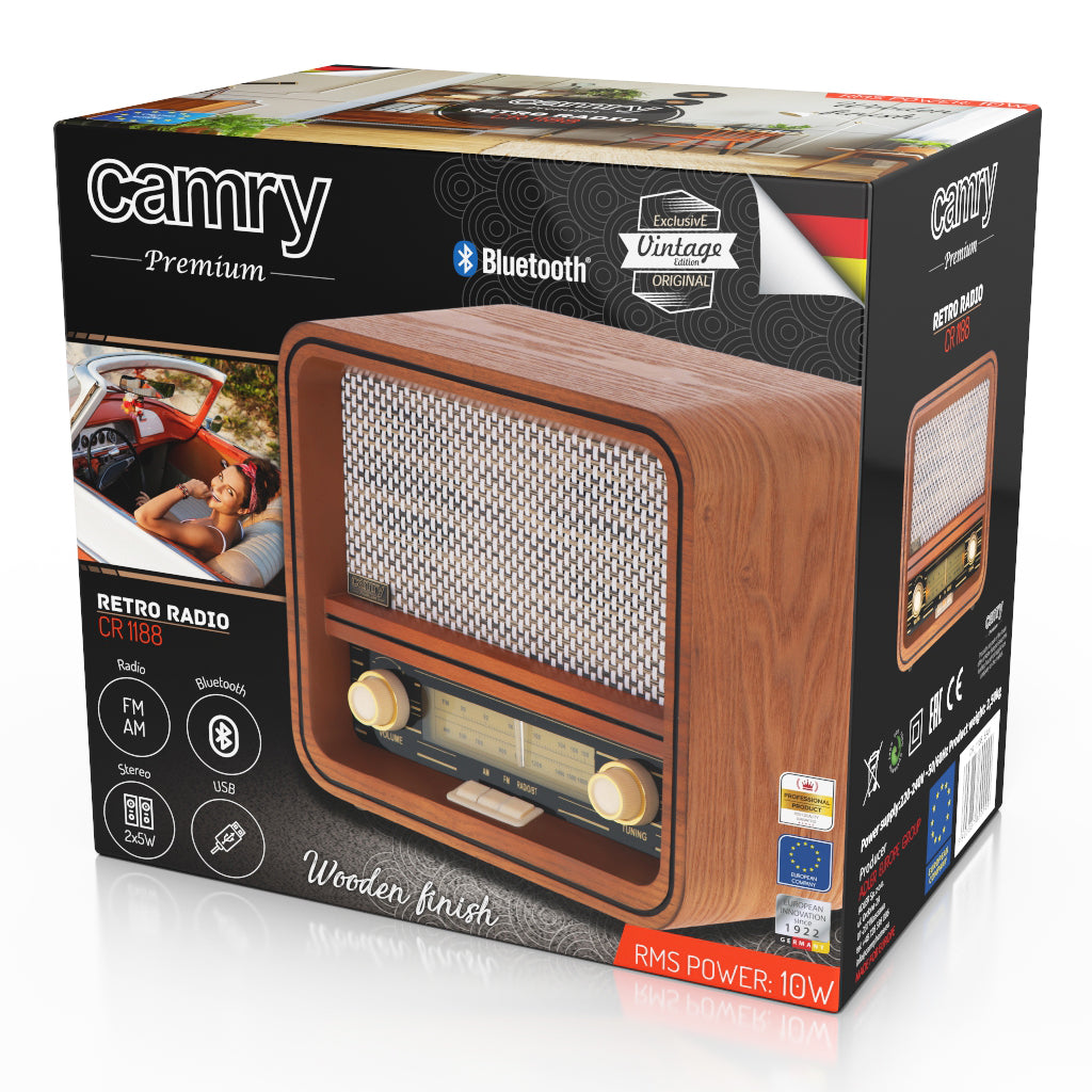 Radio retro FM / AM, Bluetooth, USB, Stereo, finisaj de lemn, Camry CR1188