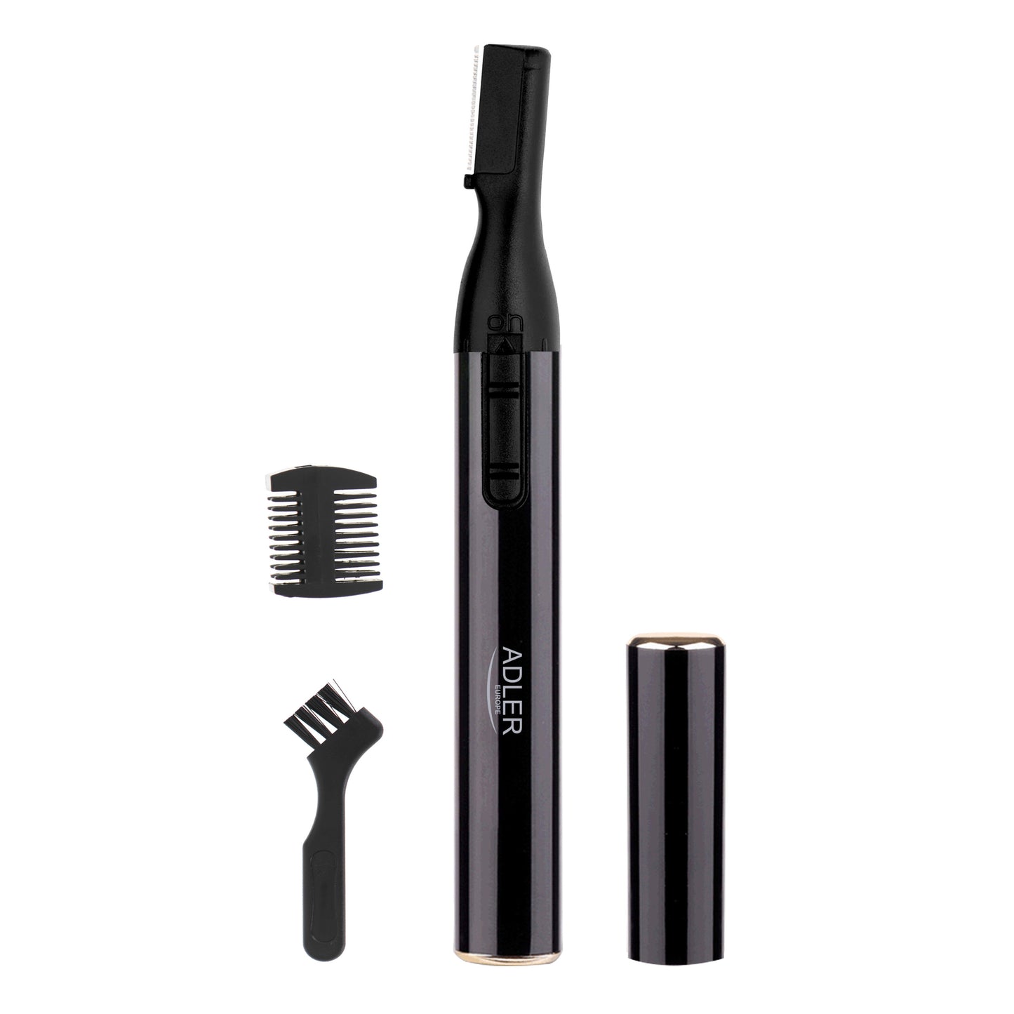 Trimmer pentru sprancene, pieptene cu doua fete, 3,5/1,5 mm, perie, fara fir, negru, Adler AD2934B