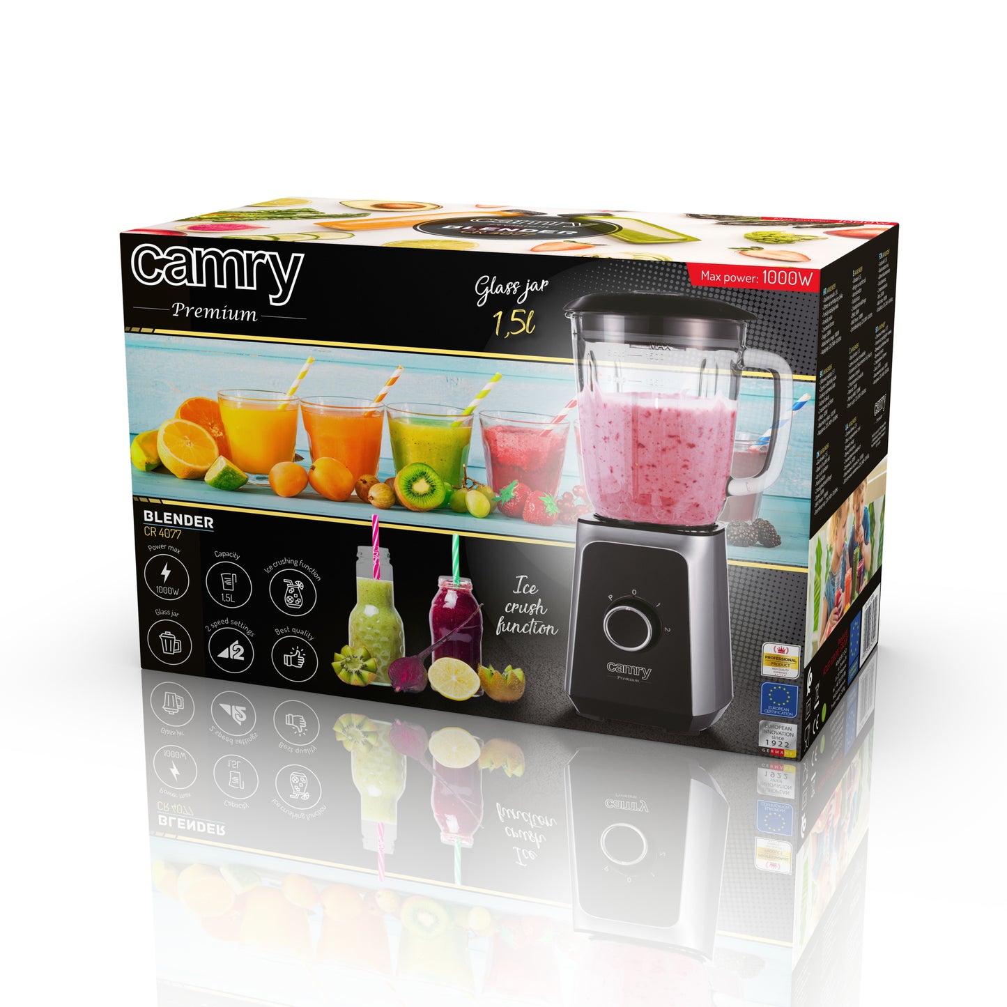 Blender, 1000 W, 22000 rpm, bol sticla 1.5 l, 4 lame, functie smoothie, zdrobire gheata, Inox / negru, Camry CR4077
