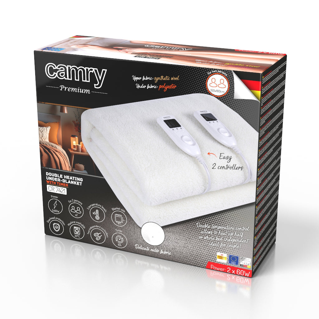 Patura electrica dubla cu temporizator, 160 x 180 cm, protectie supraincalzire, alb, Camry CR7421