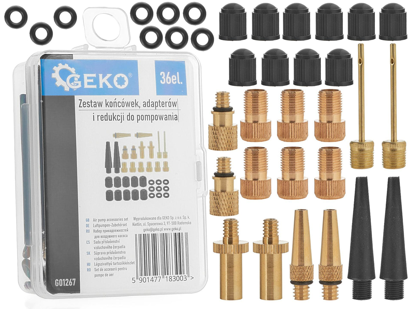 Set varfuri, adaptoare si reductoare pentru umflare anvelope, 36 elemente, Geko G01267