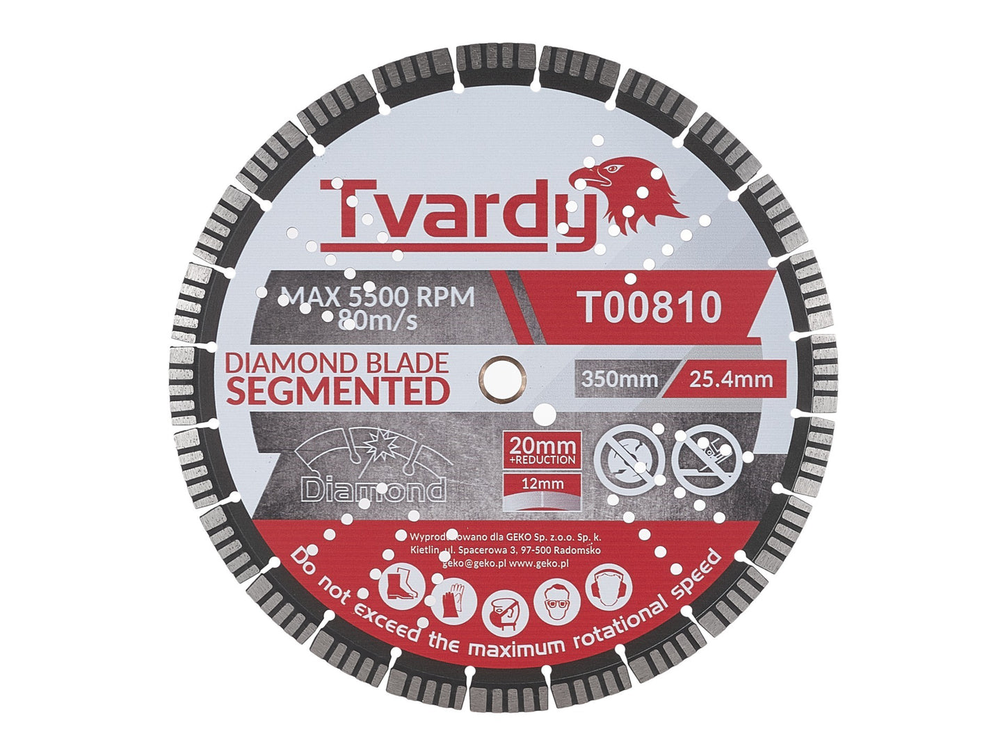 Disc diamantat segmentat, 350 x 12 x 25.4 mm, orificiu de montare 20 mm, Tvardy T00810