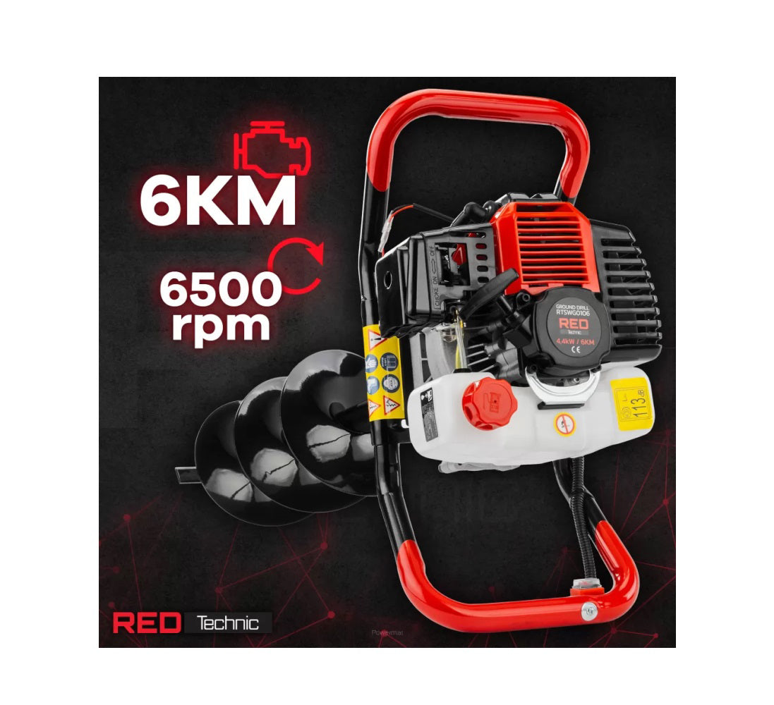 Motoburghiu de pamant pe benzina cu 3 burghie, 6 CP, Red Technic RTSWG0106