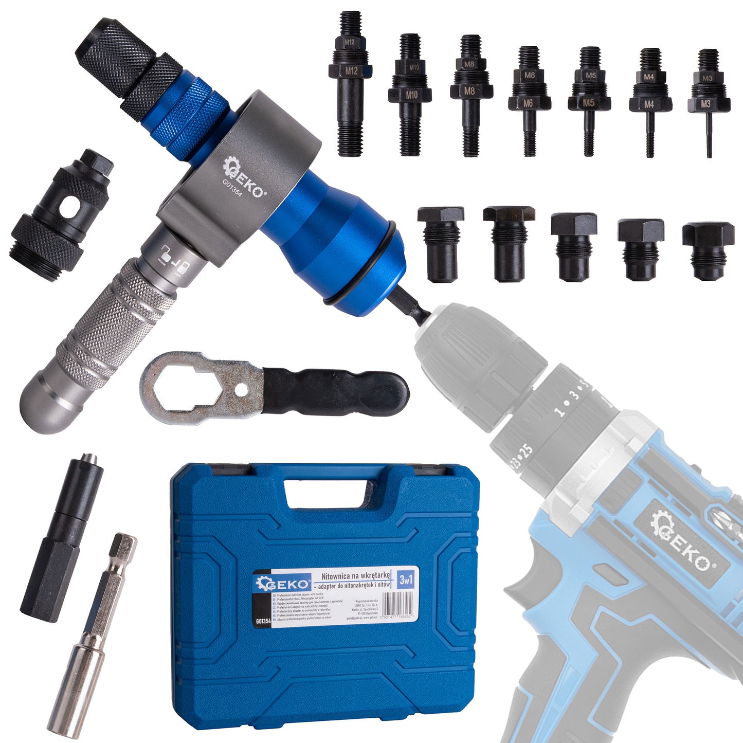 Kit adaptor nituire pop-nituri 3 in 1 cu nituri si piulite, Geko G01354
