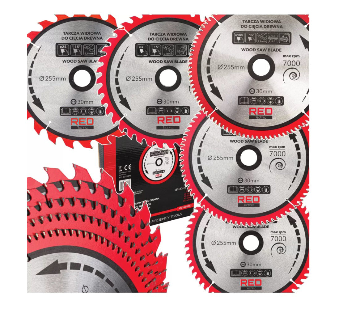 Set panze circulare pentru fierastrau, 255 x 30 mm, taiere 2.8 mm, 5 elemente, Red Technic RTZTWD0082