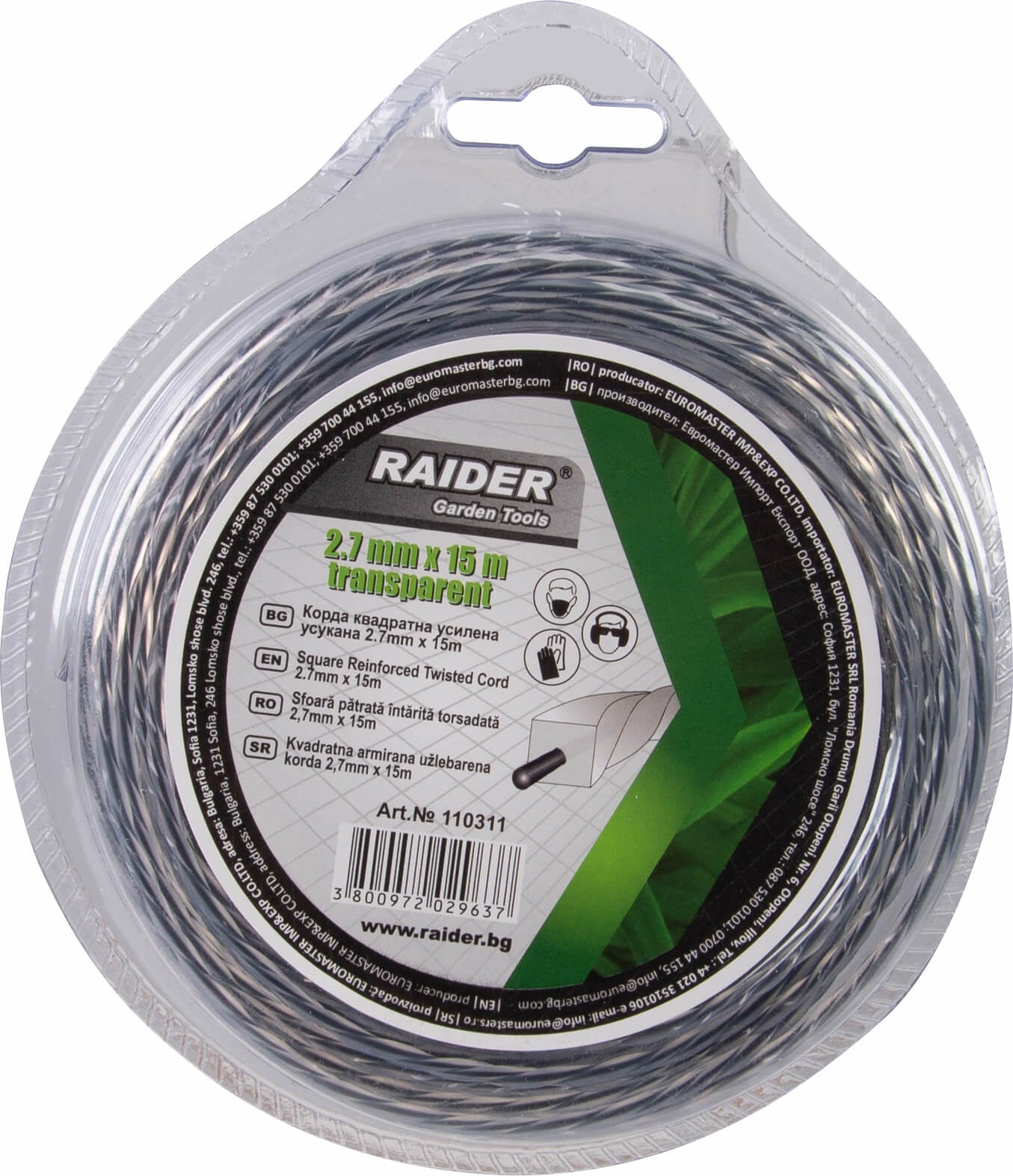 Fir patrat rasucit pentru motocoase, 2.7 mm x 15 m, transparent, Raider Garden Tools 110311