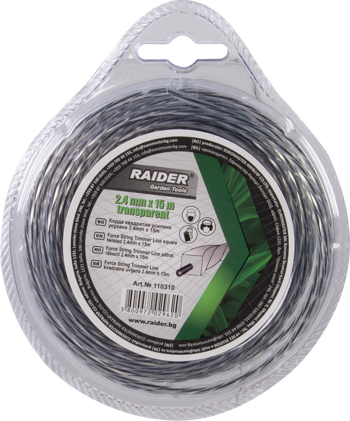 Fir patrat rasucit pentru motocoase, 2.4 mm x 15 m, transparent, Raider Garden Tools 110310