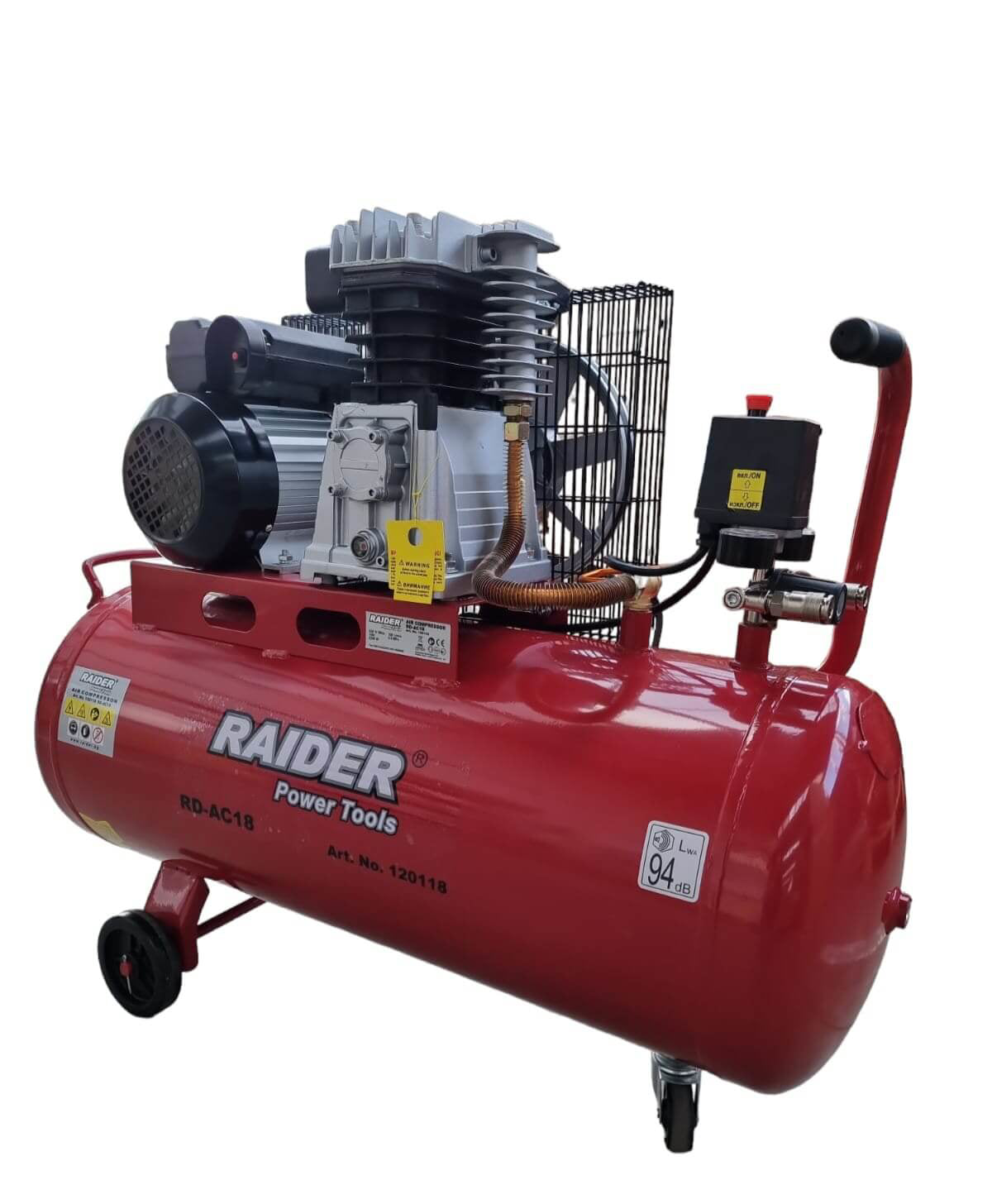 Compresor de aer pe curea cu 2 pistoane RD-AC18, 100 l, 2.2 kW, 320 l / min, Raider 120118