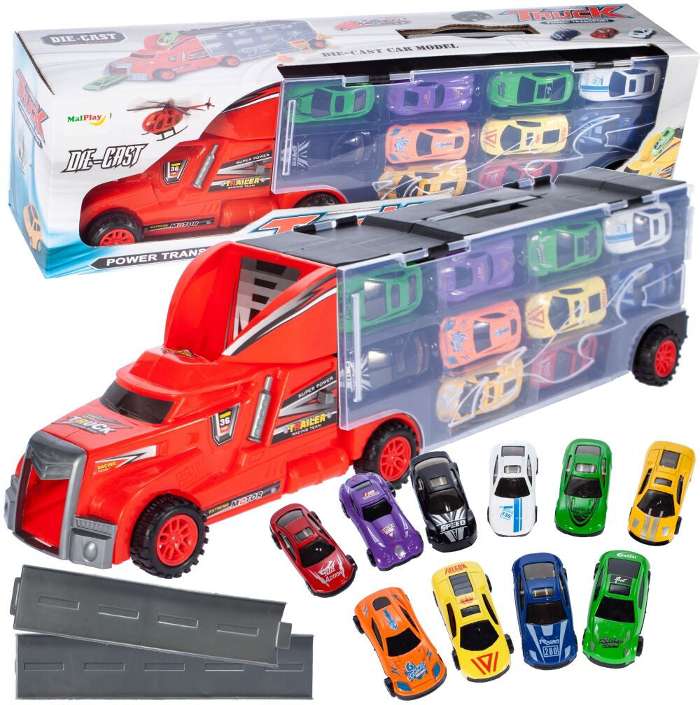 Set camion de metal cu 10 autoturisme, MalPlay 107112